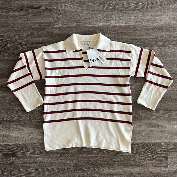NWT Zara Oversized Striped Knit Polo Sweater Ecru Red Size Small Collared Top - Picture 3 of 16